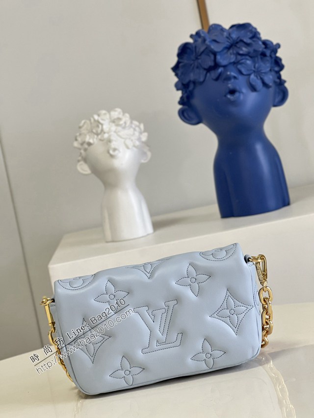 LV專櫃2023新款Wallet on Strap手袋 M81399藍 路易威登Bubblegram系列牛皮壓花鏈條肩背包 dn1207